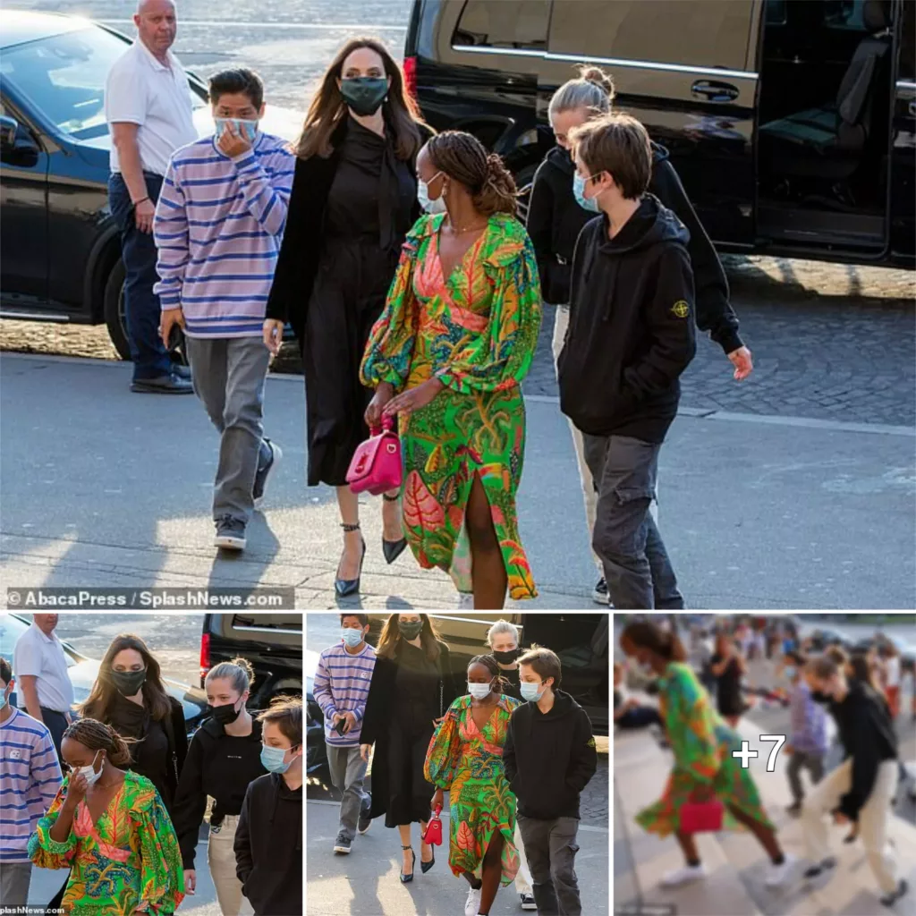 “A Parisian Night Out: Angelina Jolie’s Stylish Family Dinner with Pax, Zahara, Shiloh, and Knox in Elegant Black Wrap Dresses”